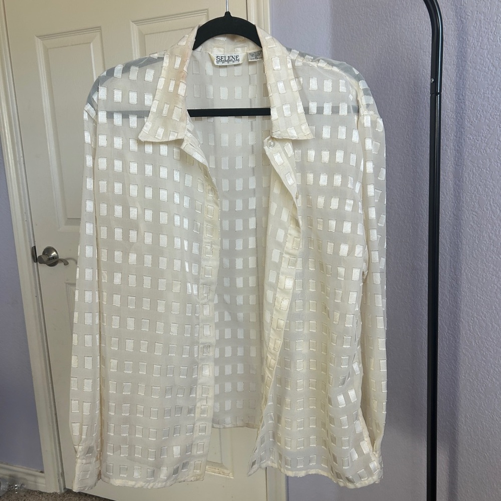 Sheer Cream Checkered Shirt With Gold Accents
